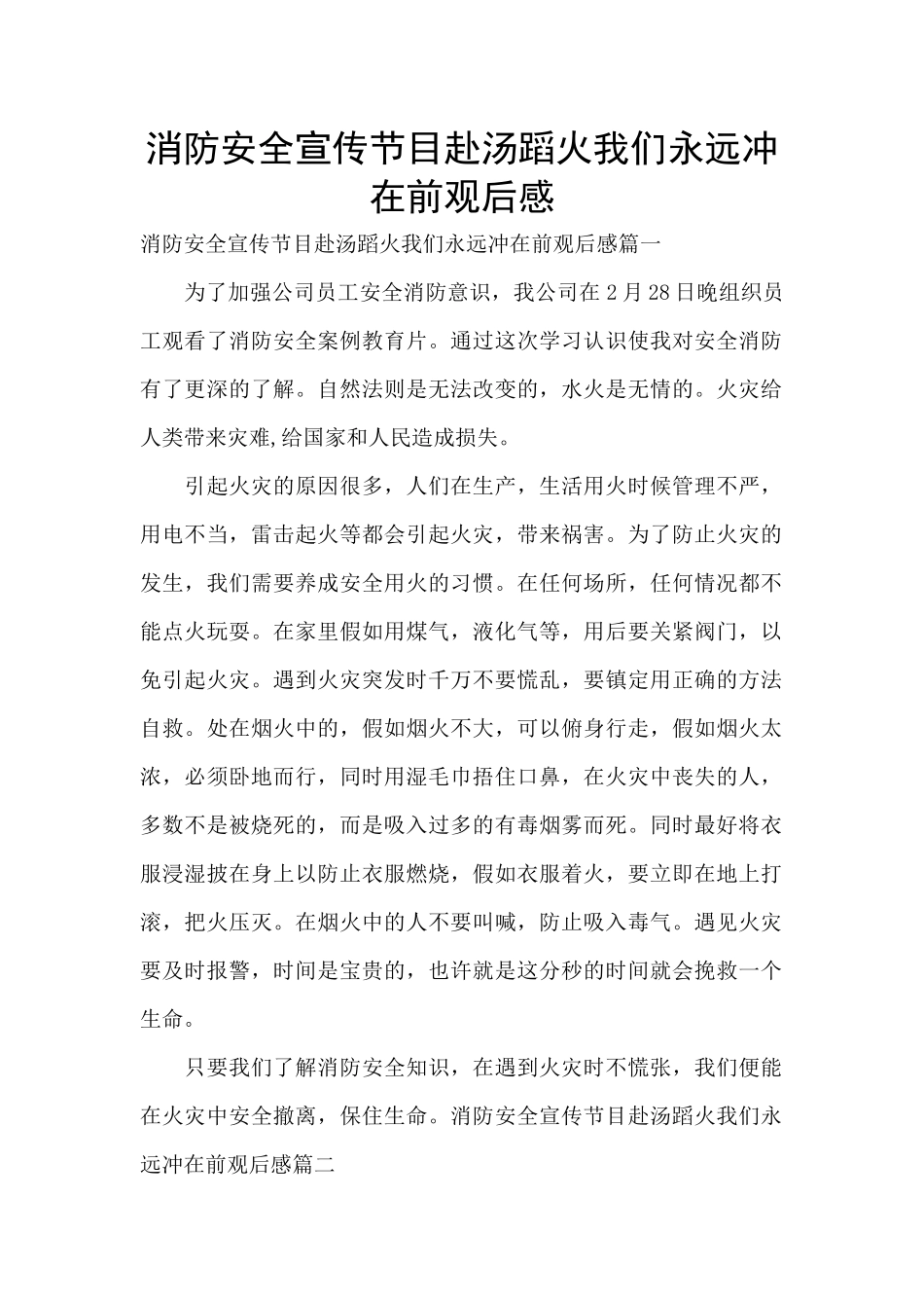 消防安全宣传节目赴汤蹈火我们永远冲在前观后感_第1页