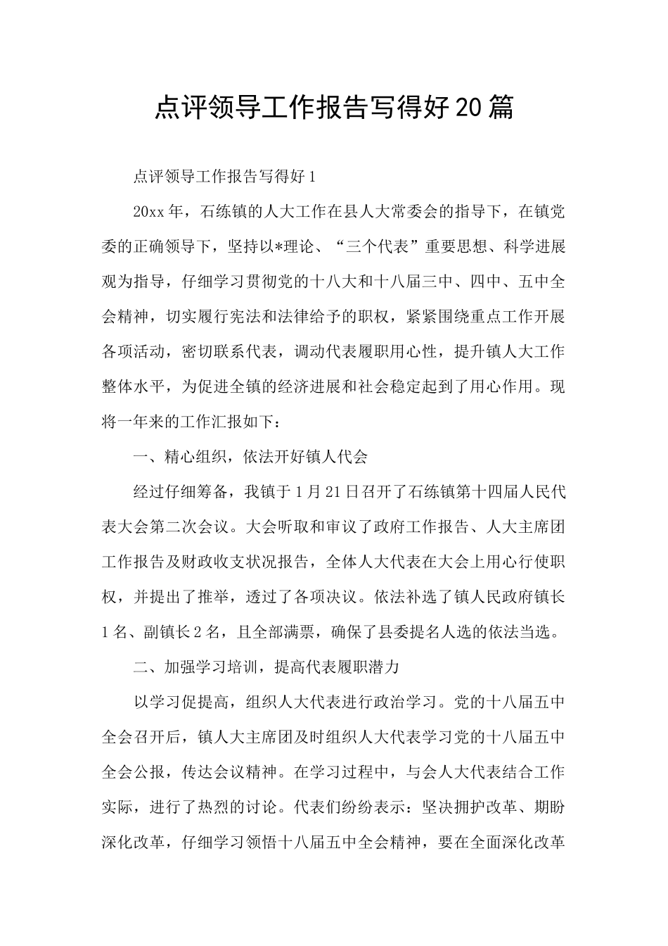点评领导工作报告写得好20篇_第1页