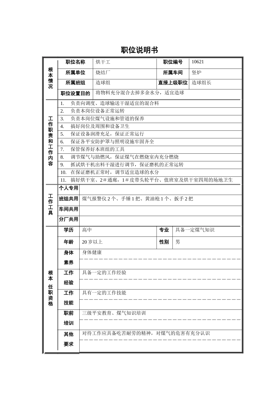 烧结厂竖炉造球组烘干工职位说明书_第1页