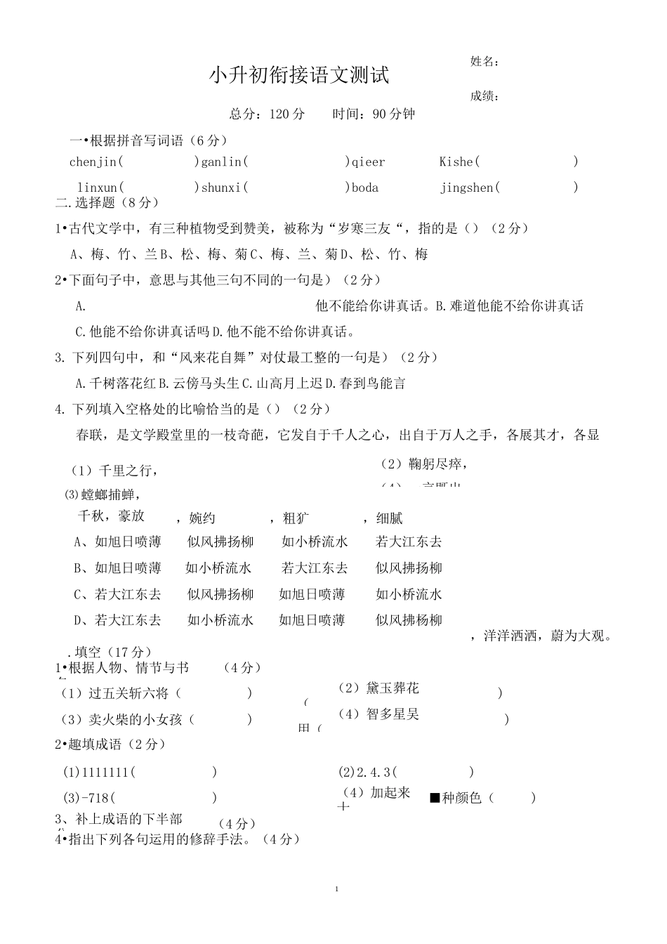 小升初试语文试卷_第1页