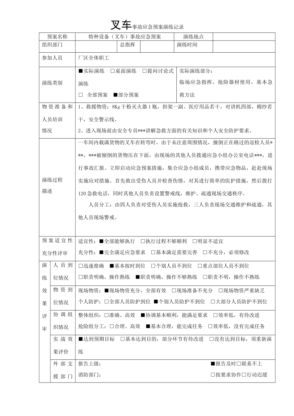 特种设备事故应急预案演练记录-叉车_第1页