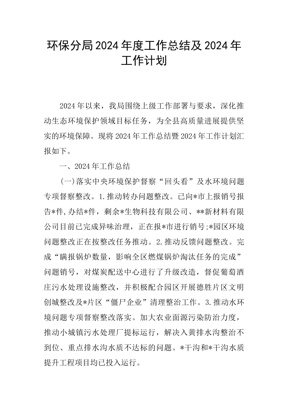 环保分局2024年度工作总结及2024年工作计划_第1页