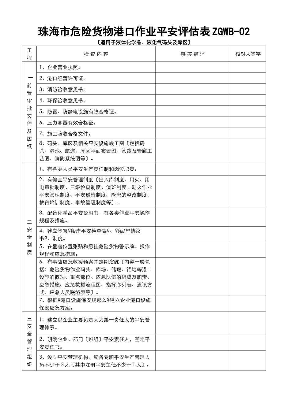 珠海市危险货物港口作业安全评估表ZGWB_第1页