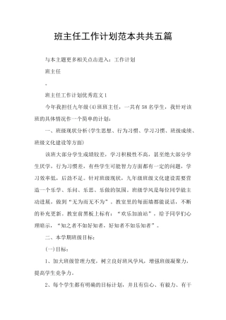 班主任工作计划范本共共五篇