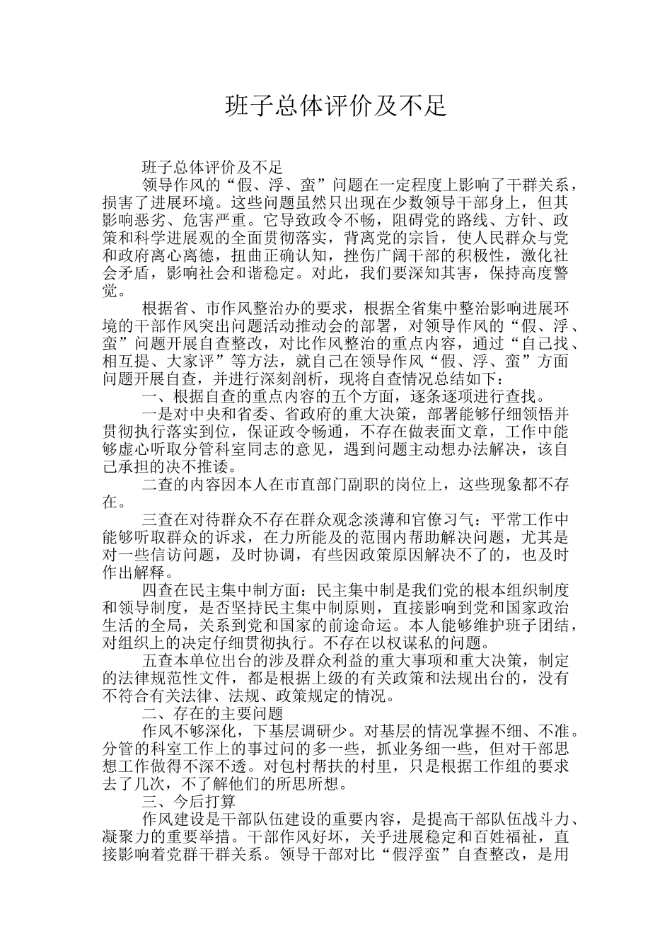 班子总体评价及不足_第1页