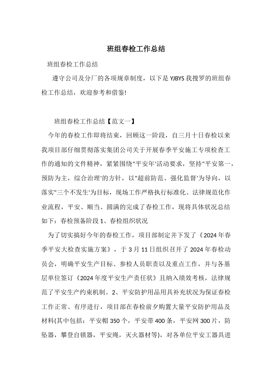 班组春检工作总结_第1页