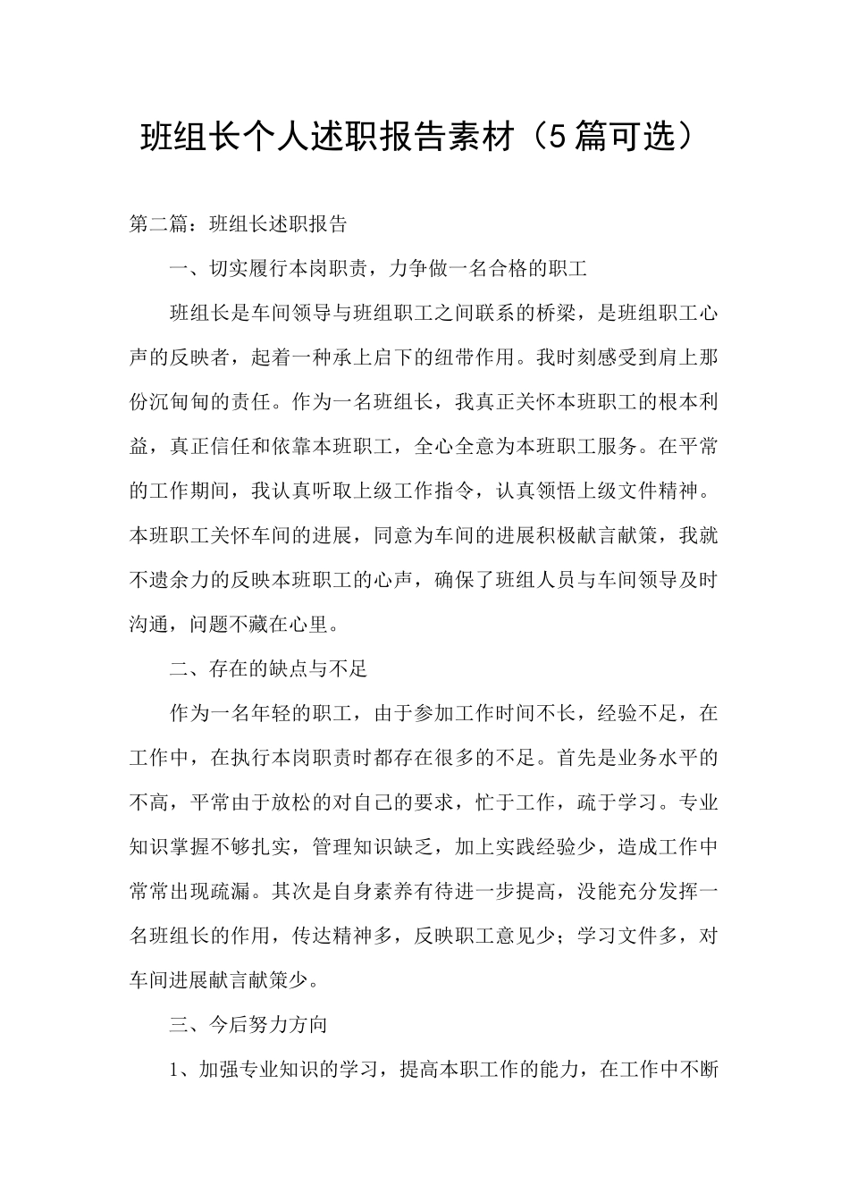 班组长个人述职报告素材_第1页