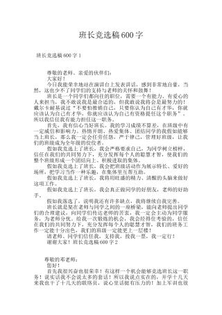 班长竞选稿600字