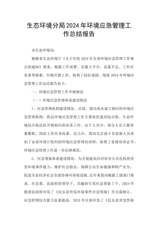 生态环境分局2024年环境应急管理工作总结报告