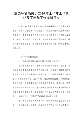 生态环境局关于2024年上半年工作总结及下半年工作安排范文