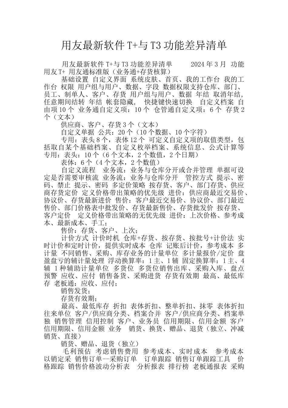 用友最新软件T+与T3功能差异清单_第1页