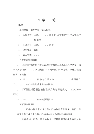 甲醇年10万吨二甲醚年可行性报告