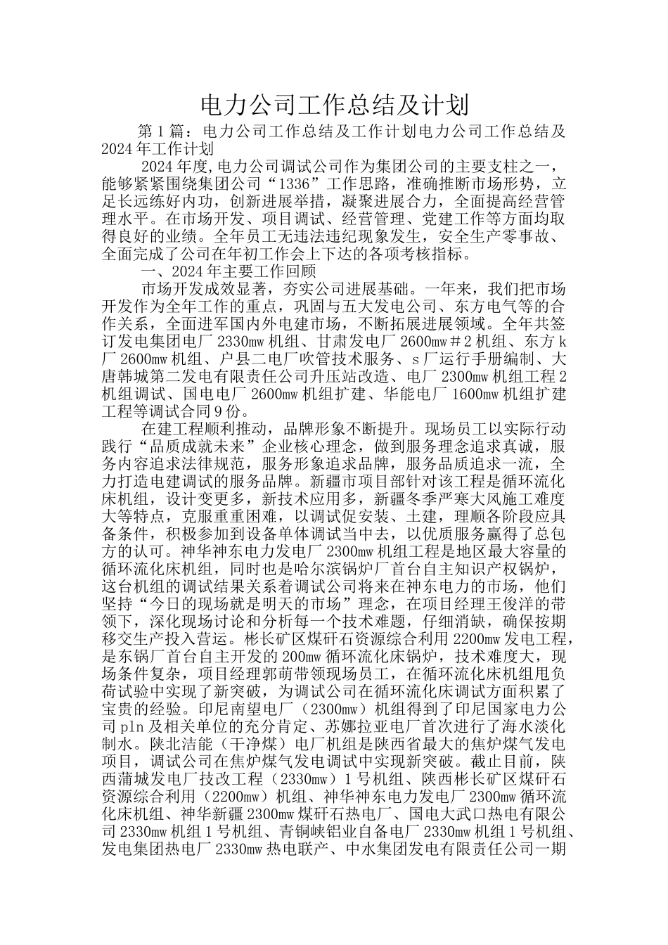 电力公司工作总结及计划_第1页