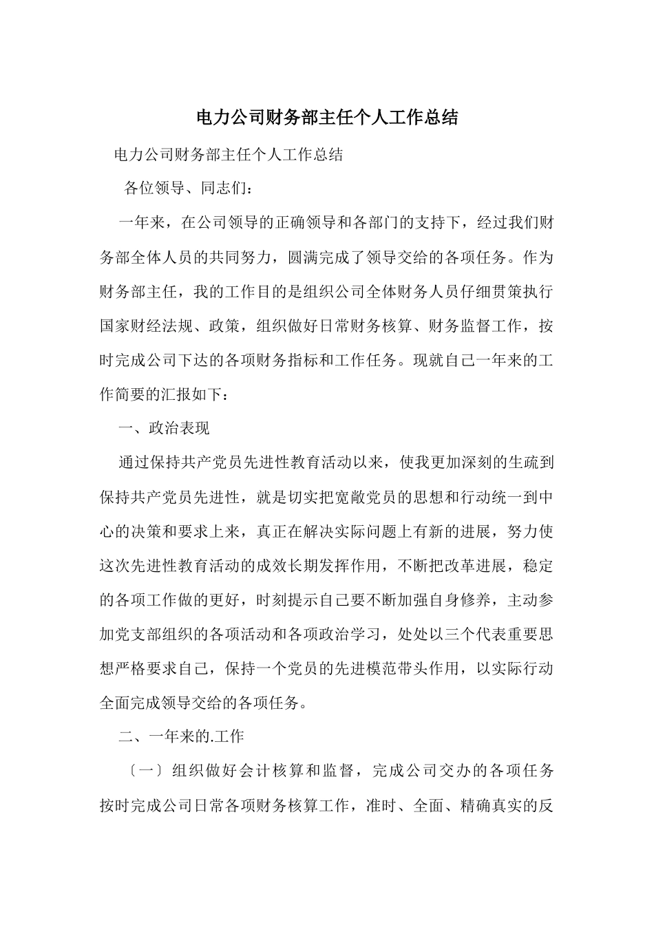 电力公司财务部主任个人工作总结_第1页