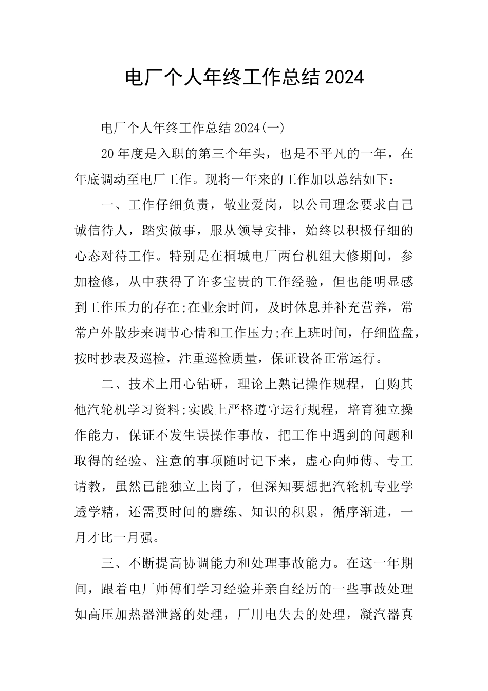 电厂个人年终工作总结2024_第1页