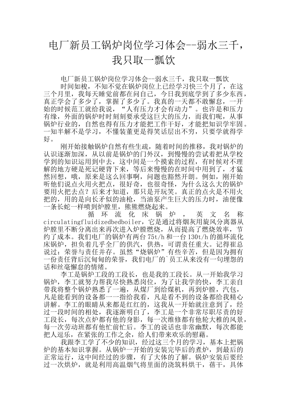 电厂新员工锅炉岗位学习体会_第1页