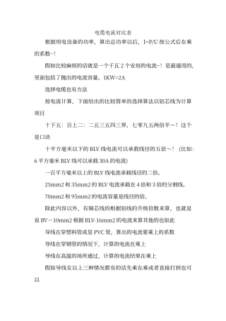 电缆电流对照表