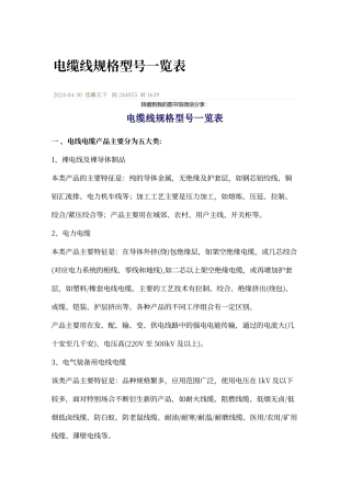 电缆线规格型号一览表