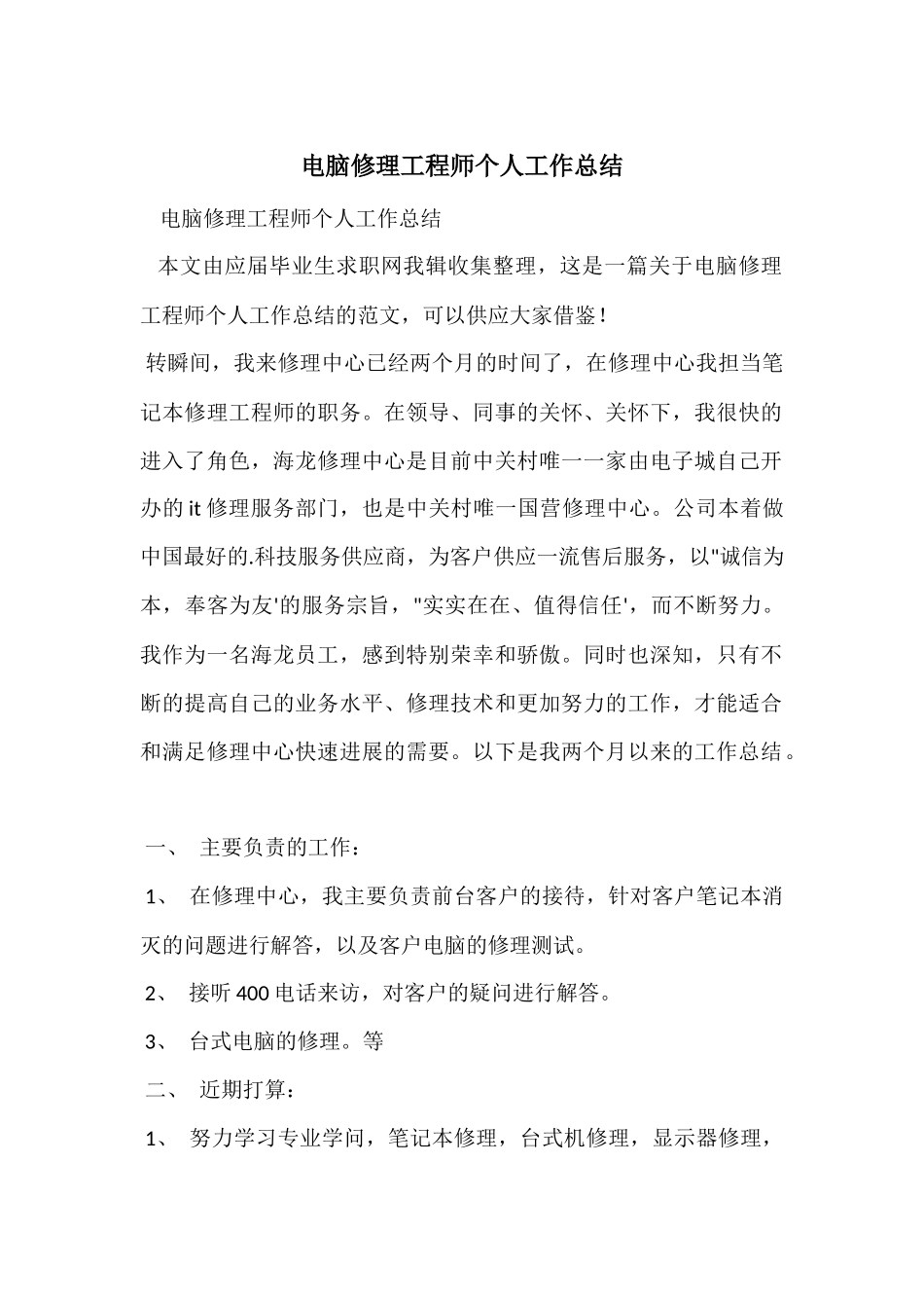 电脑维修工程师个人工作总结_第1页