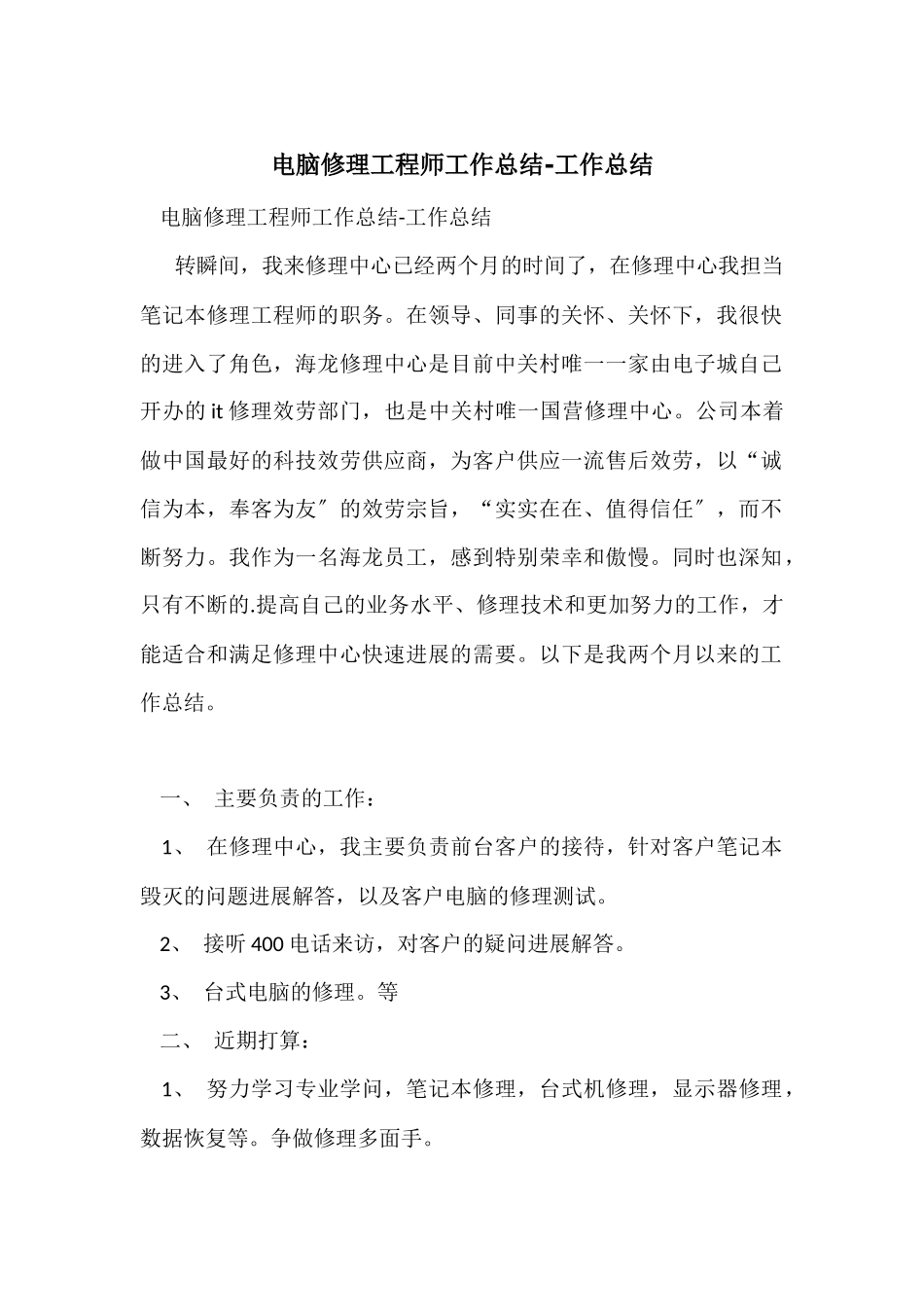 电脑维修工程师工作总结_第1页