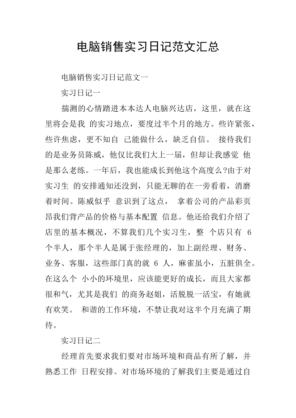 电脑销售实习日记范文汇总_第1页