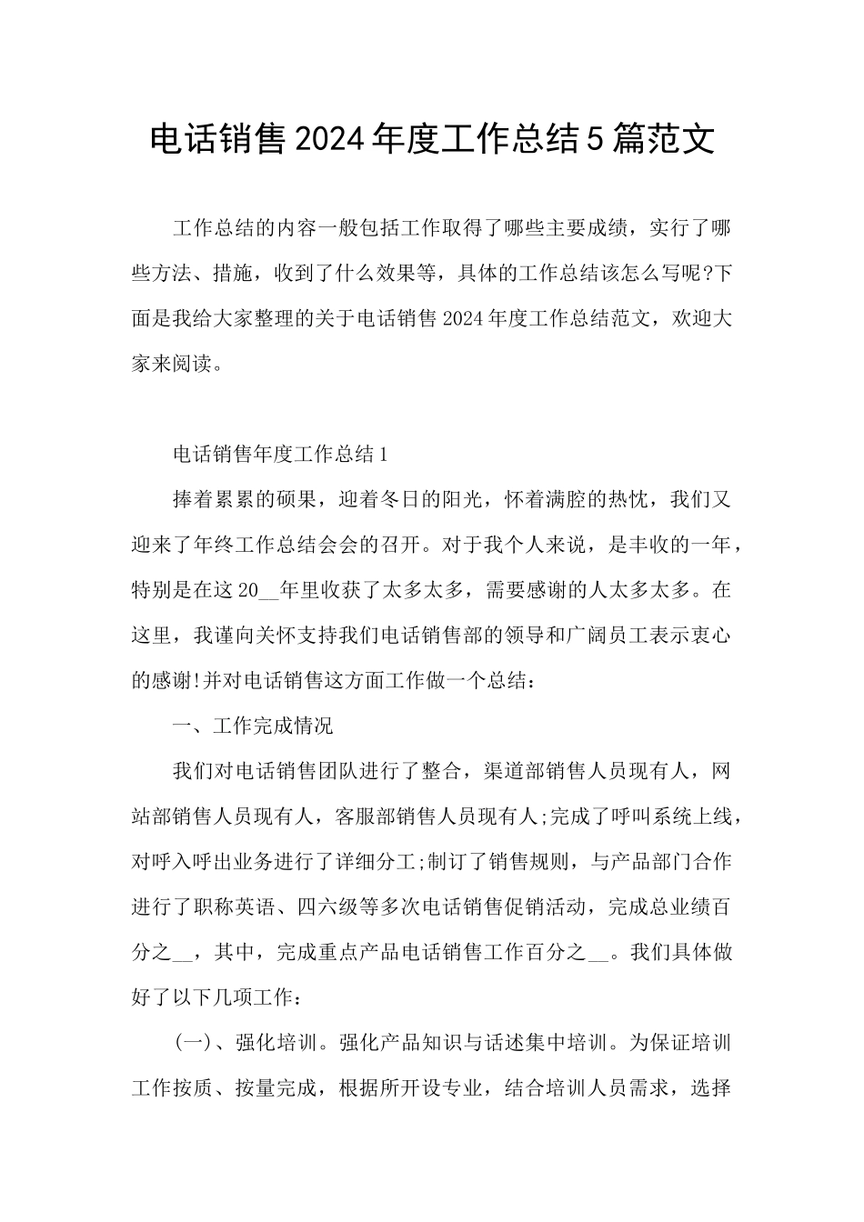 电话销售2024年度工作总结5篇范文_第1页