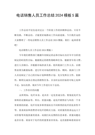 电话销售人员工作总结2024模板5篇