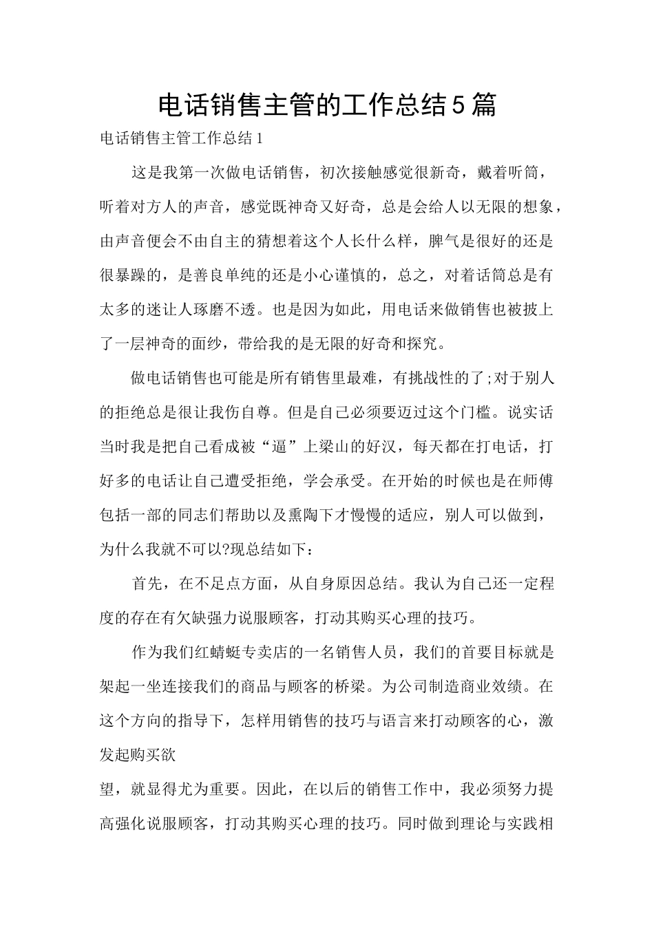 电话销售主管的工作总结5篇_第1页