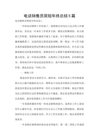 电话销售员简短年终总结5篇