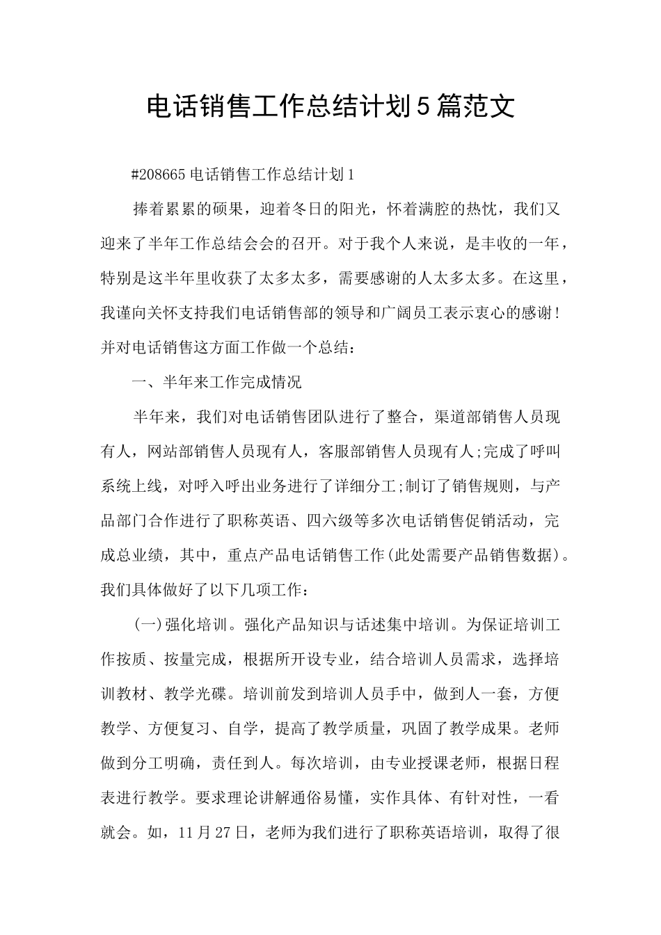 电话销售工作总结计划5篇范文_第1页