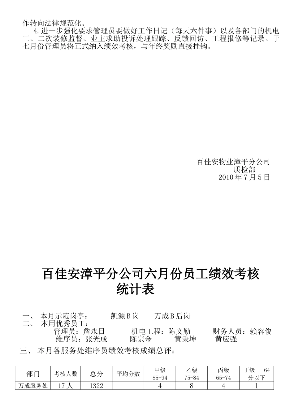 百佳安物业公司漳平分公司绩效考核半年工作小结_第3页