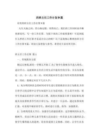 的班主任工作计划9篇