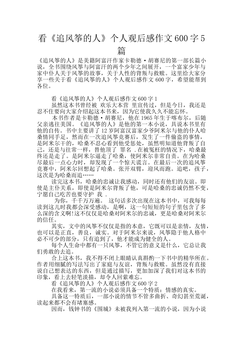 看《追风筝的人》个人观后感作文600字5篇_第1页