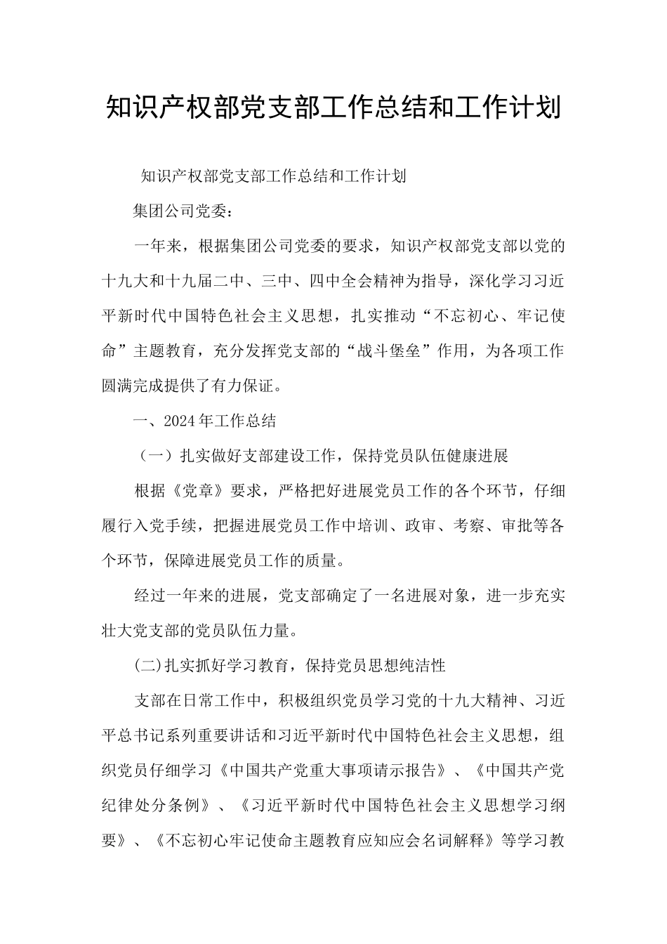 知识产权部党支部工作总结和工作计划_第1页