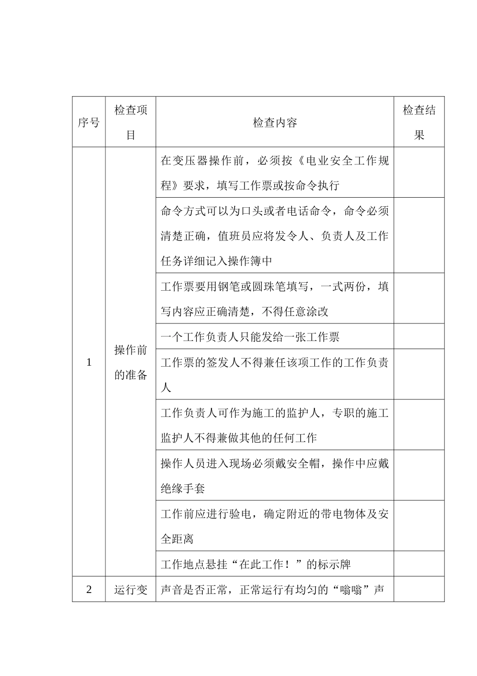 某公司电力变压器安全操作检查表_第1页