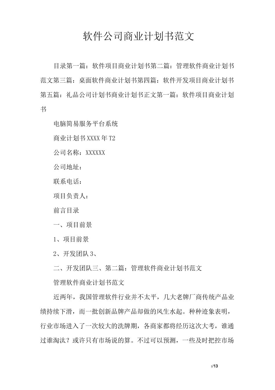 软件公司商业计划书范文_第1页
