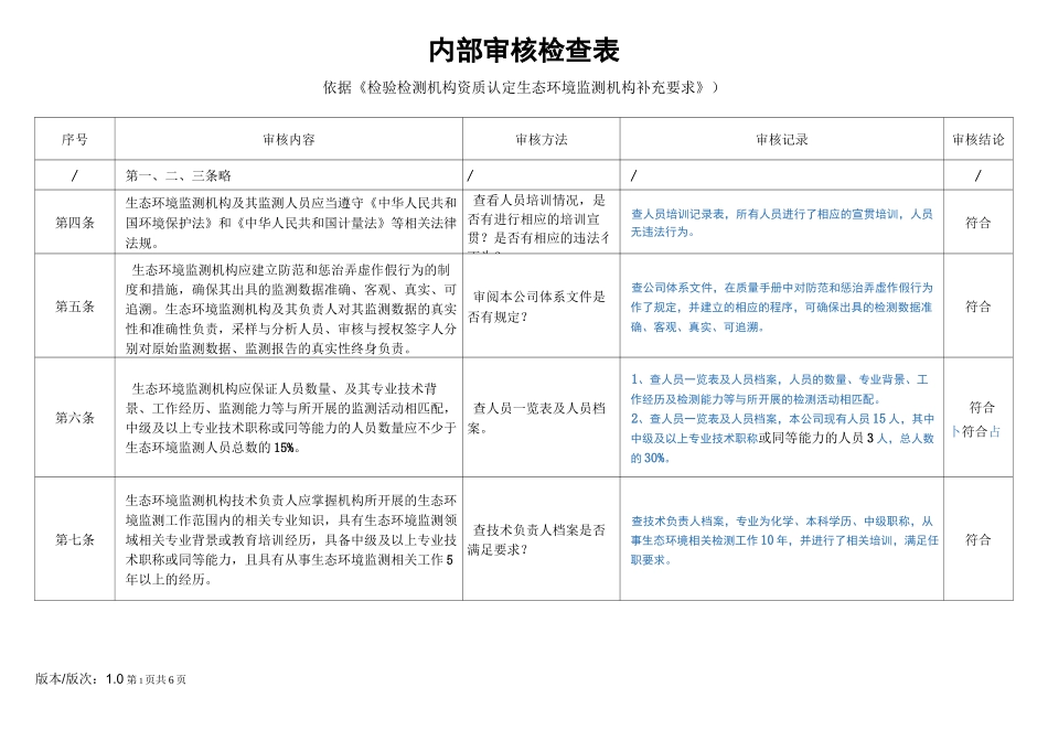内审检查表(检验检测机构资质认定生态环境监测机构补充要求)(可编辑修改word版)_第1页