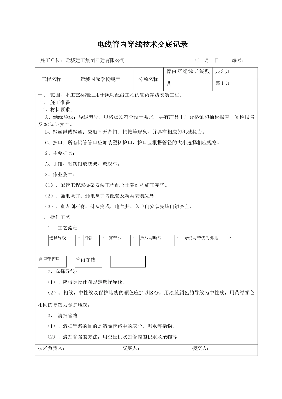 管内穿线技术交底记录_第1页