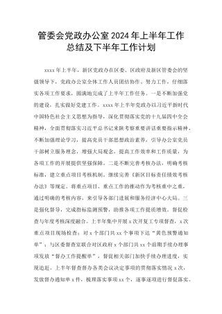 管委会党政办公室2024年上半年工作总结及下半年工作计划