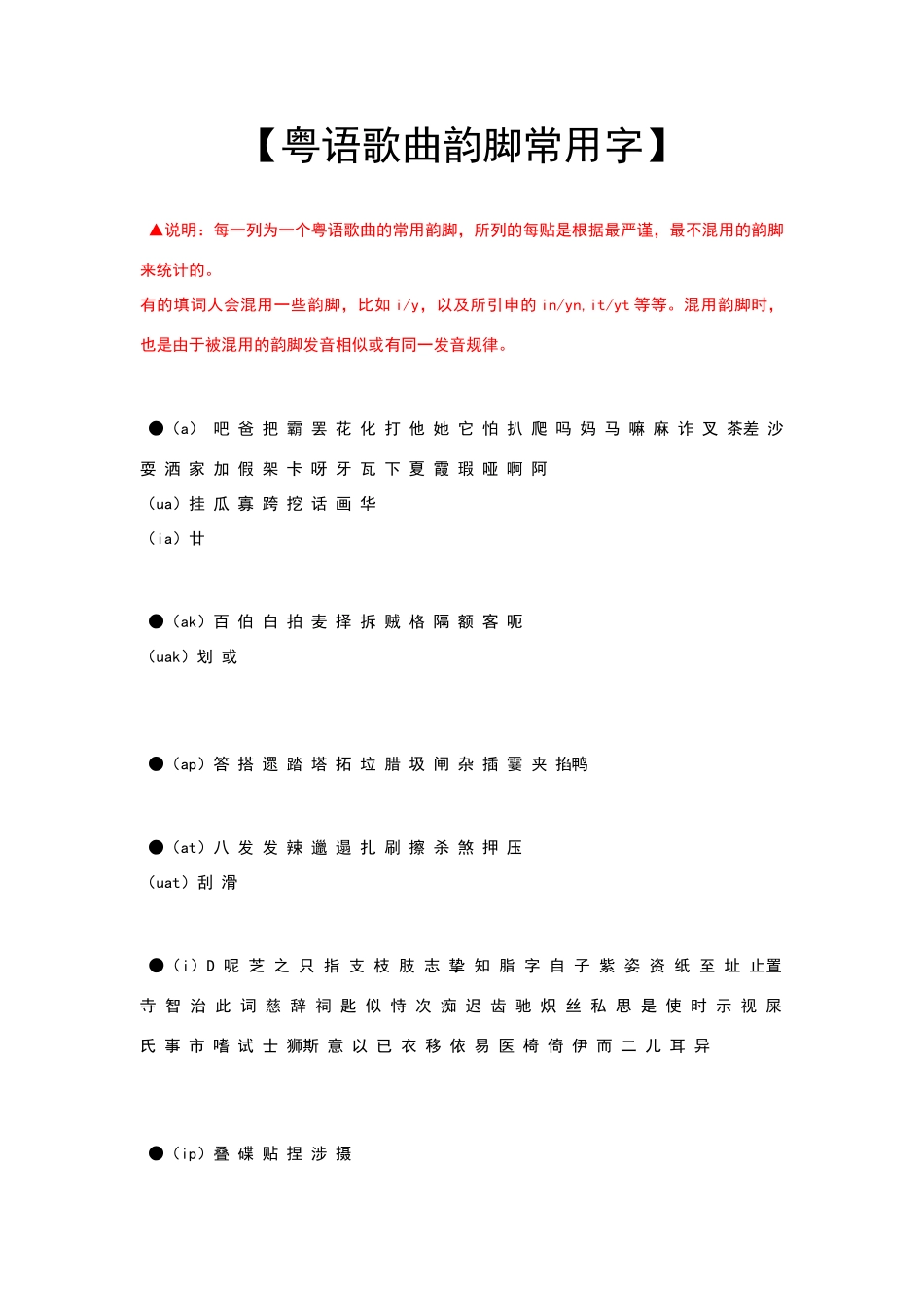 粤语歌曲韵脚常用字_第1页