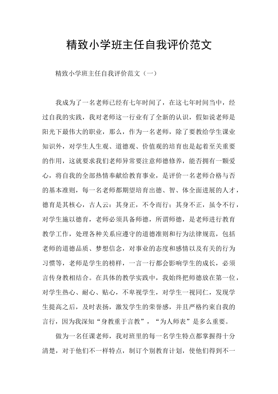 精致小学班主任自我评价范文_第1页