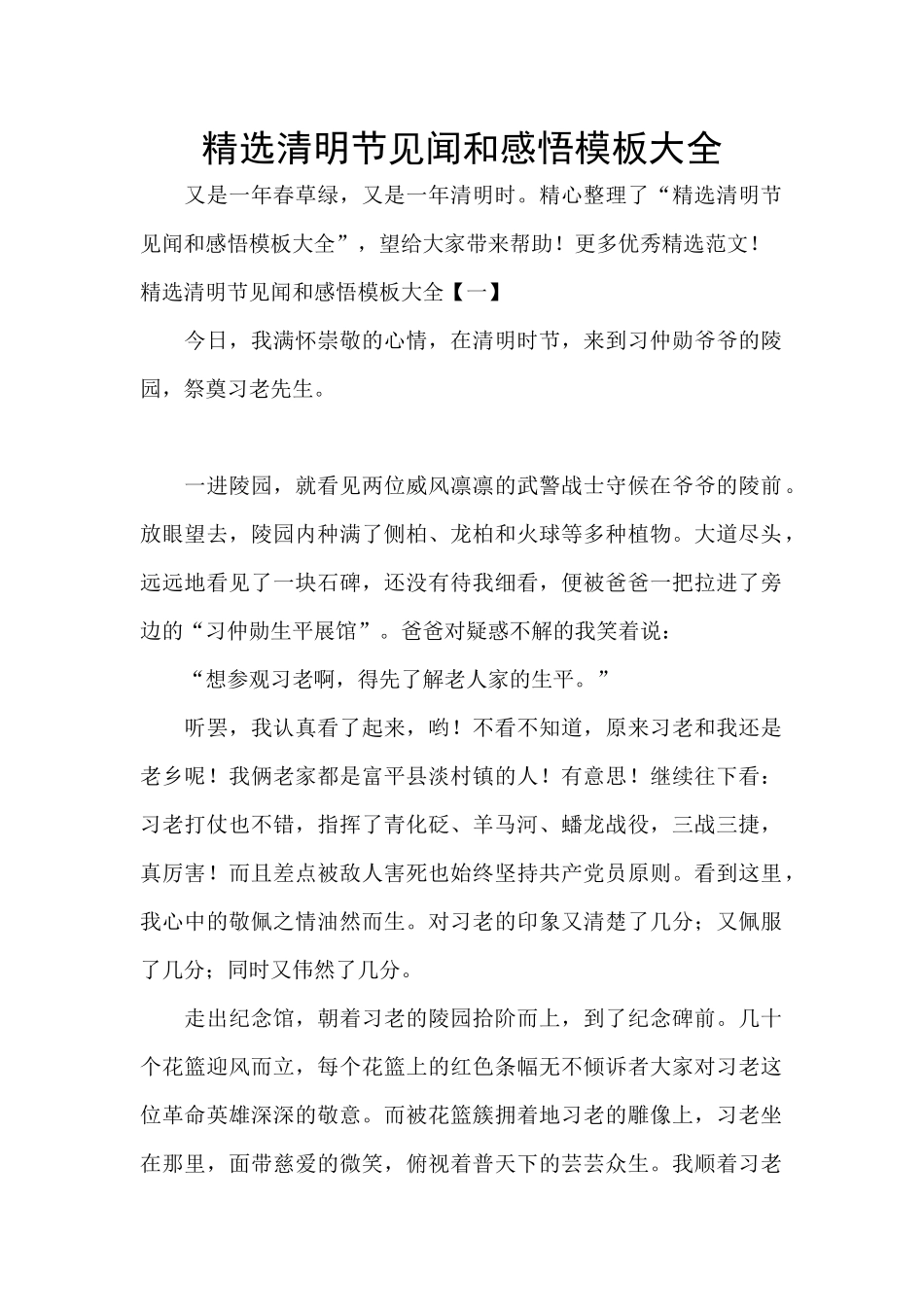 精选清明节见闻和感悟模板大全_第1页