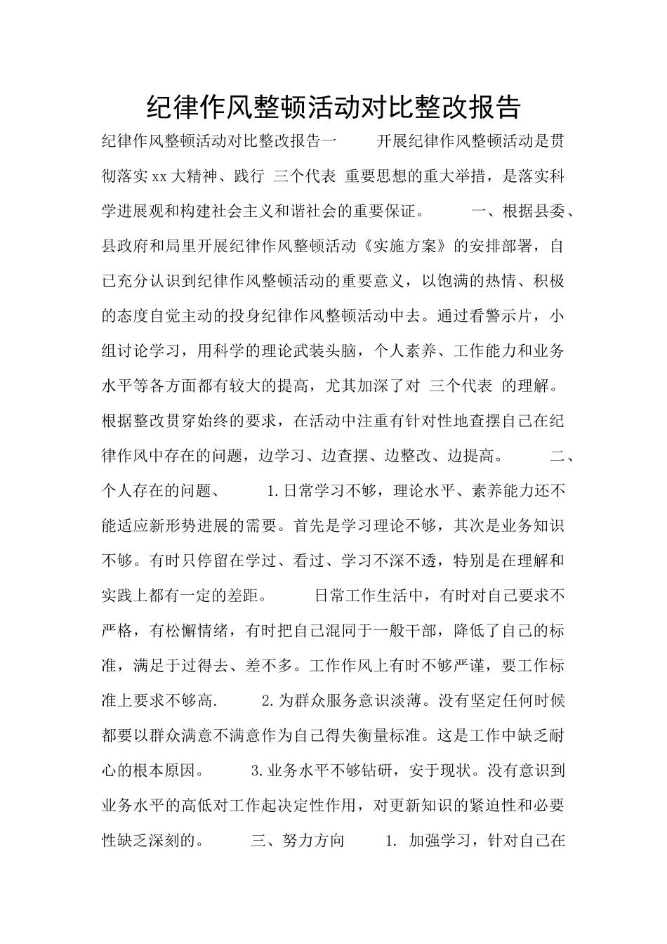 纪律作风整顿活动对照整改报告_第1页