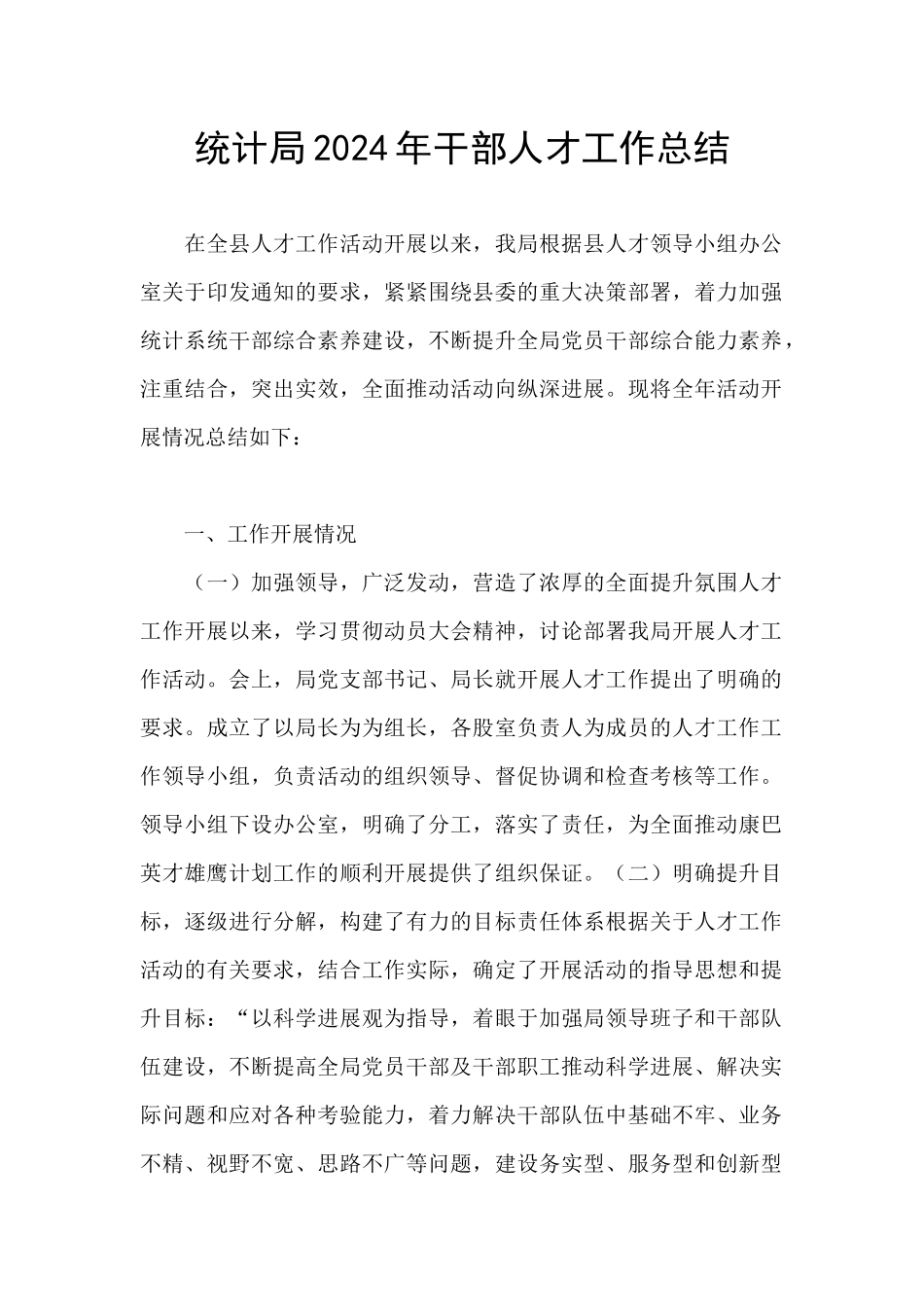统计局2024年干部人才工作总结_第1页