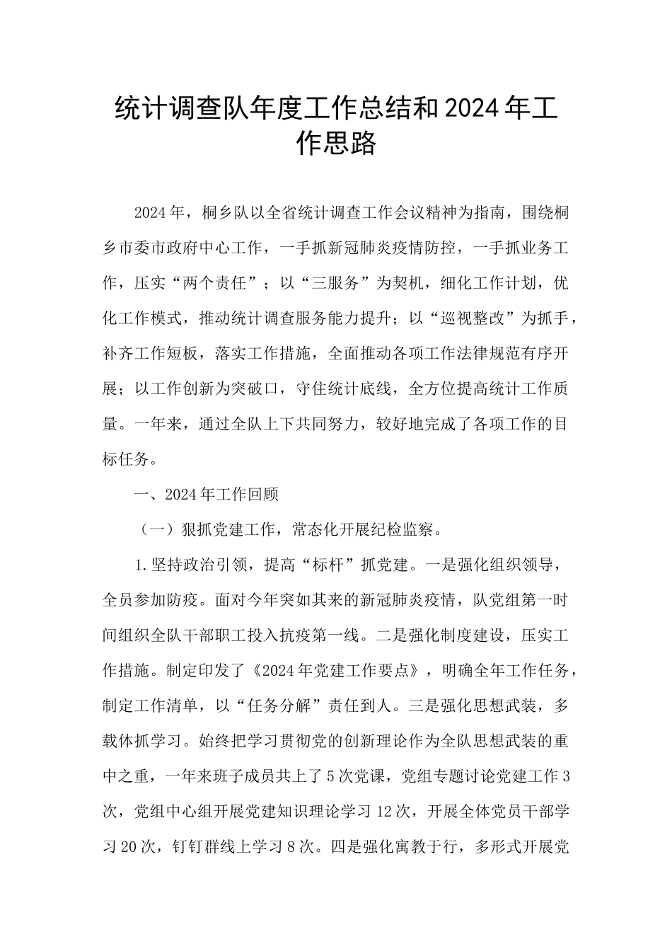统计调查队年度工作总结和2024年工作思路_第1页