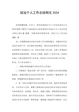 综治个人工作总结例文2024