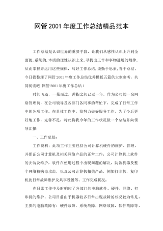 网管2001年度工作总结精品范本