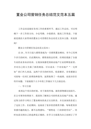 置业公司营销任务总结范文范本五篇