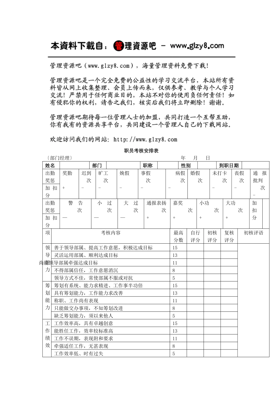 职员考核安排表_第1页