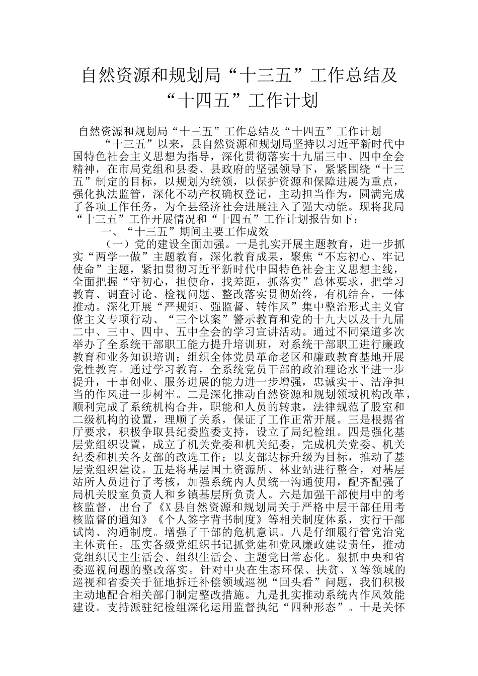 自然资源和规划局“十三五”工作总结及“十四五”工作计划_第1页